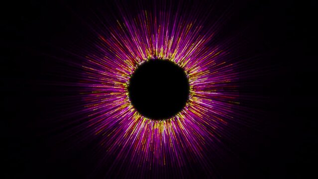 Particle generation from a black circle or black hole. Bright exquisite yellow, orange, violet colors with glow and shine. Radial motion of particles. 4К