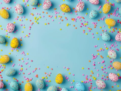 Top view photo of yellow pink blue easter eggs and sprinkles on isolated pastel blue background with blank space in the middle --ar 4:3 --v 6 Job ID: 3637c7f7-fe6e-42e6-9a6e-9345dc6020d8