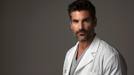 Fototapeta premium handsome male doctor in his 40s facing forward wearing a doctor’s white coat, professional photography,