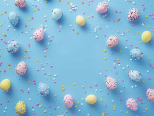 Fototapeta na wymiar Top view photo of yellow pink blue easter eggs and sprinkles on isolated pastel blue background with blank space in the middle --ar 4:3 --v 6 Job ID: 9283fb14-40d0-4f53-a7d6-065d5e6560b3