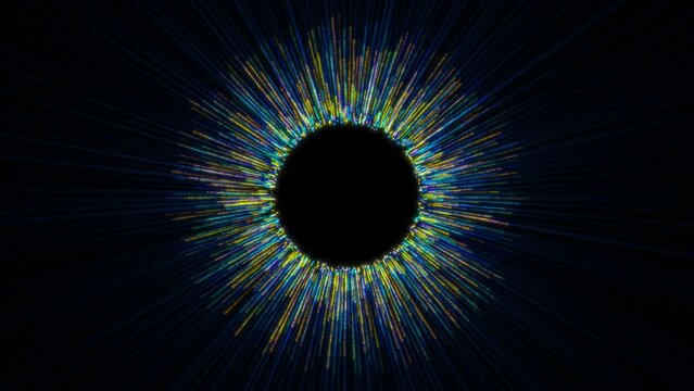 Particle generation from a black circle or black hole in the universe. Eye-catching blue, blue and yellow colors with glow and shine. Radial motion of particles. 4К