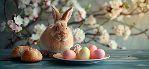 Easter bunny with Easter eggs and buns on a wooden table