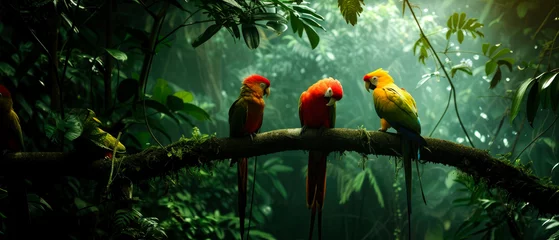 Foto op Canvas Colorful jungle parrot at tropical deep forest. Illustration with birds.  Generative AI  © Inai