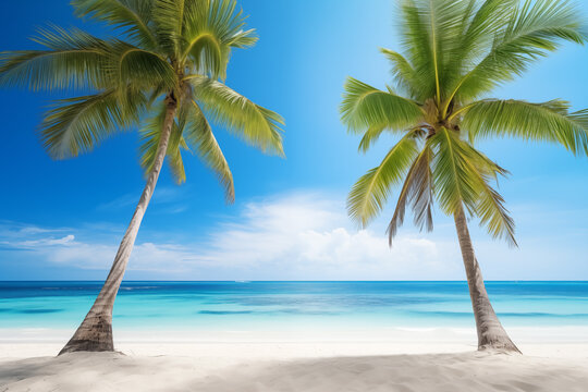 Two palm trees on a beach, with azure ocean and blue sky