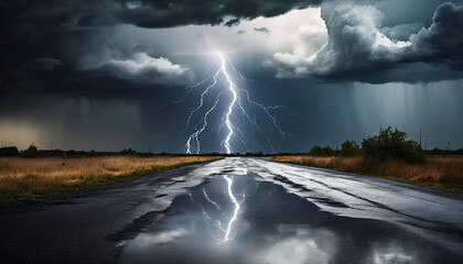 Dramatic stormy sky with lightning strikes over wet city street - obrazy, fototapety, plakaty
