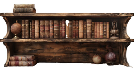 A brown wooden bookshelf with some books and ornaments on a transparent background. PNG format,...