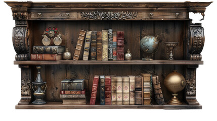 A brown wooden bookshelf with some books and ornaments on a transparent background. PNG format, This PNG file, with an isolated cutout object on a transparent background.