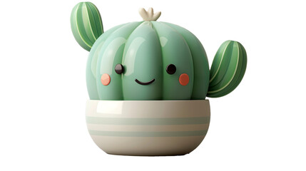 A green cactus in a white pot with a smiley face on a transparent background. PNG format, This PNG file, with an isolated cutout object on a transparent background.