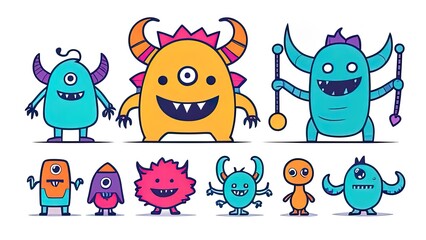 Cute abstract cartoon characters set. Bundle of different types of colorful monsters with simple shapes. Mascots expressing emotions. childrens illustration in flat design isolated collection