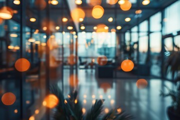 Corporate Chic: A Blurred Background Showcasing a Modern Office Interior, Bathed in Gray Tones with Panoramic Windows, Glass Partitions, and Striking Orange Color Accents