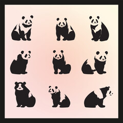 Obraz premium Panda silhouette set Clipart on a hex color background