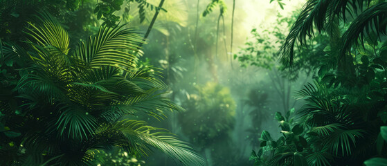 Fototapeta na wymiar Jungle mock up. Tropical forest with exotical plants, palm, branches, flowers. Rain forest wallpaper. Nature landscape. Generative ai.