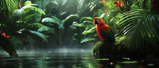 Poster Colorful jungle parrot at tropical deep forest. Illustration with birds.  Generative AI  © Inai