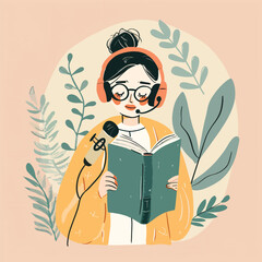 Illustration Woman Reading a Book With Headphone