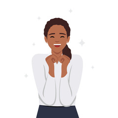 Portrait of happy beatiful wave hairstyle woman celebrating success. Flat vector illustration isolated on white background