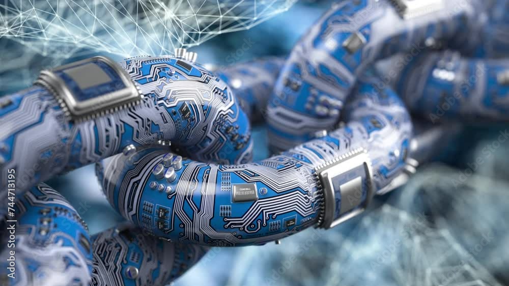 Poster Blockchain technology concept. Chain in form of pc circuit board with cpu
