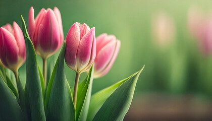 pink tulip buds with fresh green leaves against blurred clean backdrop