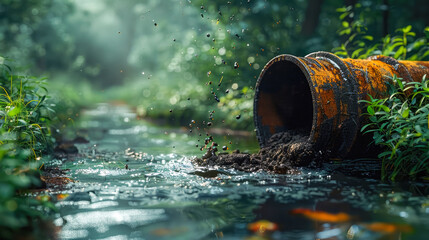 An iron pipe sticks out of the river and pollutes the water, the concept of environmental pollution, environmental disaster - obrazy, fototapety, plakaty