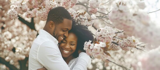 Happy, smiling young Couple hugging under tree branches of Cherry blossom.