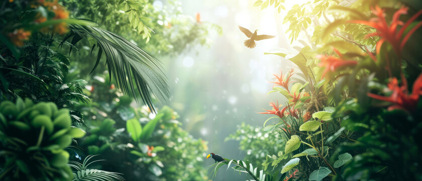  Jungle mock up. Tropical forest with exotical plants, palm, branches, flowers. Rain forest wallpaper. Nature landscape. Generative ai.