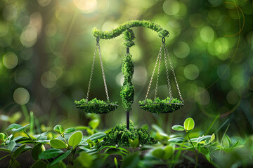 Balancing legislation with environmental preservation. The scales represent striving for fair green laws and emphasizing the need to incorporate sustainability into legal systems. - obrazy, fototapety, plakaty