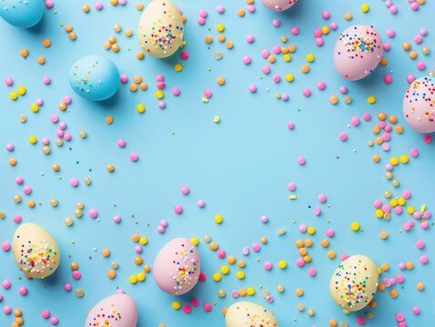 Top view photo of yellow pink blue easter eggs and sprinkles on isolated pastel blue background with blank space in the middle
