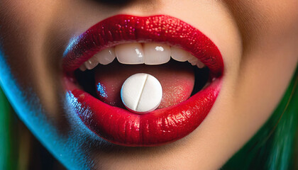 red lips gasping, holding pill, symbolizing drug dependency, desperation, and struggle for breath