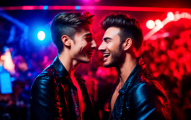 A couple of handsome guys laugh and have fun under the neon lights in a nightclub. - 744713791