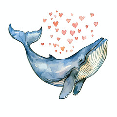 Watercolor Cute Drawing of a Whale. Love and Heart