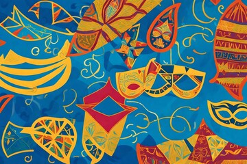 traditional thai painting, Immerse yourself in the festive spirit of Purim with a vibrant postcard featuring carnival masks and traditional Jewish items, set against an abstract background