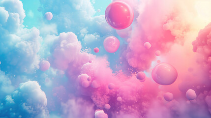 Surreal cloudscape with floating pink bubbles, perfect for imaginative scenes in children's media, fantasy backgrounds, and creative visual effects in storytelling. High quality illustration
