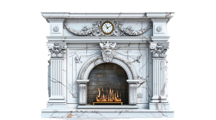 A white fireplace with a mantel clock and a painting on a transparent background. PNG format, This...