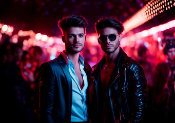 A couple of handsome guys stand next to each other under the neon lights of a bar. - 744714130