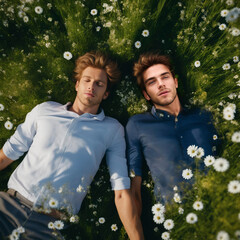 A couple of handsome guys are lying next to each other in a meadow in the grass among daisies. - 744714144