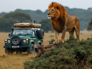 A lion (Panthera leo), sitting on an old tree trunk in the Seringetti, AI generated