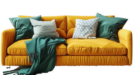 A yellow sofa with a green throw and a white pillow on a transparent background. PNG format, This PNG file, with an isolated cutout object on a transparent background.