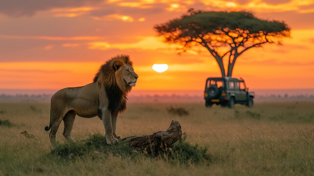 A lion (Panthera leo), sitting on an old tree trunk in the Seringetti, AI generated