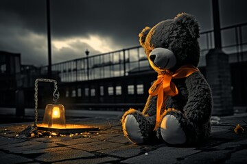 A fluffy teddy bear, with its gentle eyes, sits lonely on the city ground, lost in thought. Beside it, a glowing lamp sheds a warm light, enveloping the scene in a cozy and nostalgic ambiance. - obrazy, fototapety, plakaty