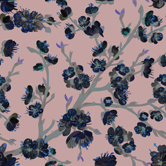 Botanical abstract pattern with silhouettes of sakura on a delicate background for textile