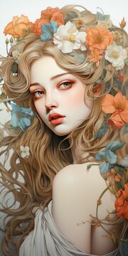 High Resolution Fairy Princess Portrait with Detailed Digital Painting and Colored Pencil Drawing by Pro Artist Alphonse Mucha