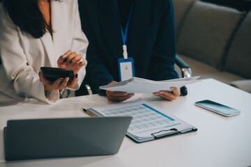 Co working conference, Business team meeting present, investor colleagues discussing new plan financial graph data on office table with laptop and digital tablet, Finance, accounting, investment.