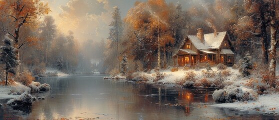 Snowy Scenery with a House, Winter Wonderland near a River, A Cozy Cabin in the Woods, Peaceful Winter Landscape with a Lake and Trees.