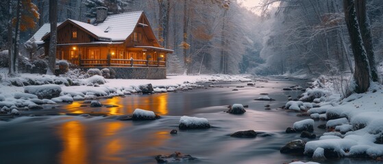 Snowy Cabin by the River, Winter Scenery with Log Cabin and Snow-Covered Trees, Peaceful Winter Landscape with Cabin and Stream, A Cozy Cabin in a Snowy Forest.