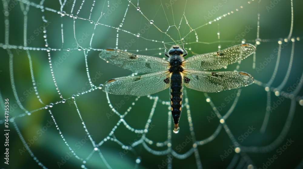 Poster a close up of a spider's web with a dragonfly sitting on it's back in the center of the web.