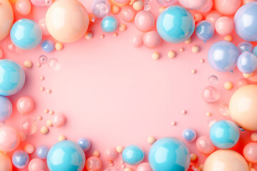 balloons and confetti  frame in 3d render pink pastel style