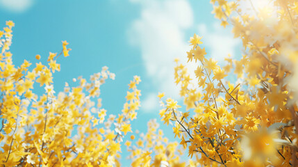 Forsythia blossoms set against a clear blue sky.