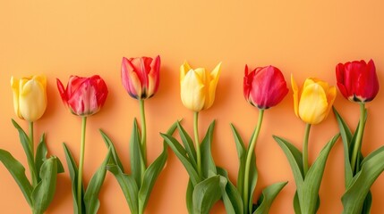 a row of red, yellow, and pink tulips on an orange background with green stems in the foreground.