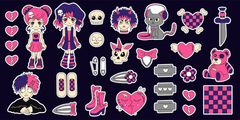 Y2k emo black pink stickers set. Girl, boy, kawaii bear, heart, tattoo and other elements in trendy emo goth 2000s style. Vector hand drawn. 90s, 00s aesthetic