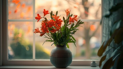 a vase filled with red flowers sitting on top of a window sill in front of a window sill.