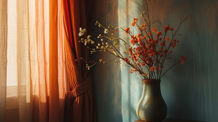 a vase of flowers sitting on a table next to a window with a drapes on the side of it.